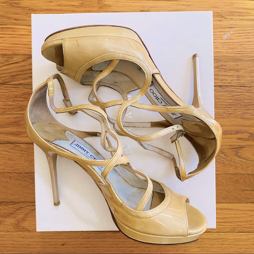 Jimmy Choo Dollis Nude Patent Platform Stiletto Heel | Size 38